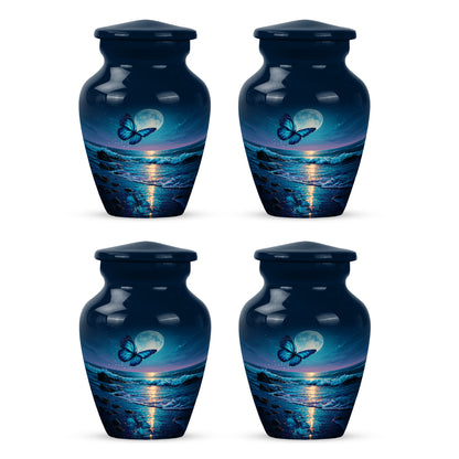 Icy Blue Butterfly Cremation Urn side profile showing urn shape - timeless butterfly motif etched into premium metal - 10 inch aluminum urn for cremated remains