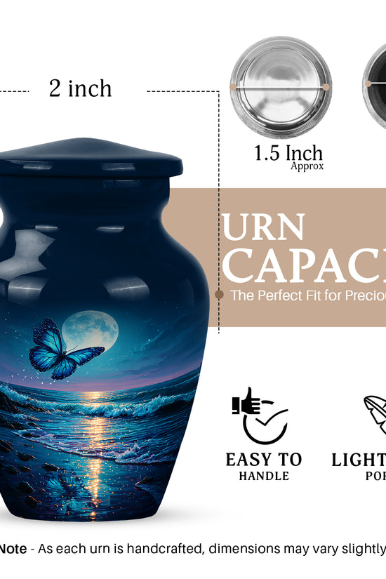 Misty Blue Butterfly Cremation Urn close-up of engraving and surface detail - timeless butterfly motif etched into premium metal - mini keepsake memorial for portion of cremation ashes