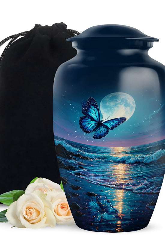 Steel Blue Butterfly Cremation Urn angled view of lid and engraved motif - traditional butterfly engraving with hand-polished finish - full-size 10 inch 200 cubic inch adult cremation urn