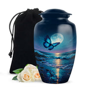 Steel Blue Butterfly Cremation Urn angled view of lid and engraved motif - traditional butterfly engraving with hand-polished finish - full-size 10 inch 200 cubic inch adult cremation urn