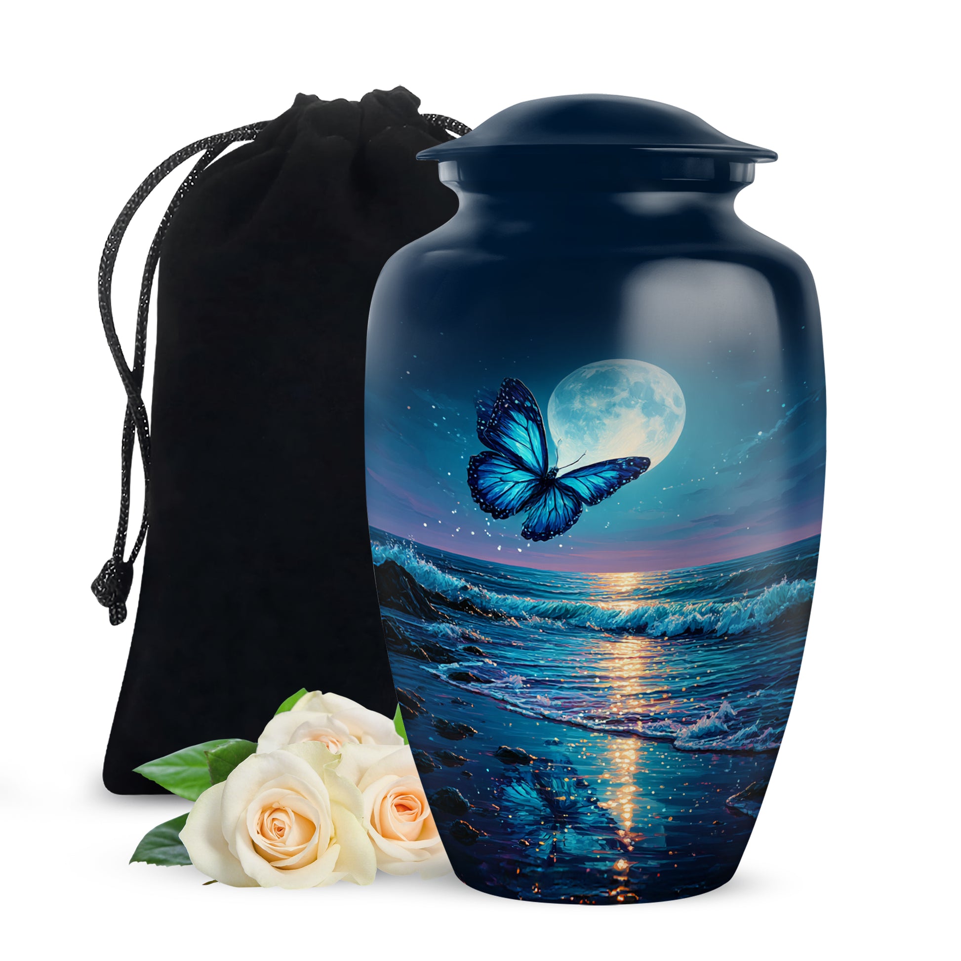 Steel Blue Butterfly Cremation Urn angled view of lid and engraved motif - traditional butterfly engraving with hand-polished finish - full-size 10 inch 200 cubic inch adult cremation urn