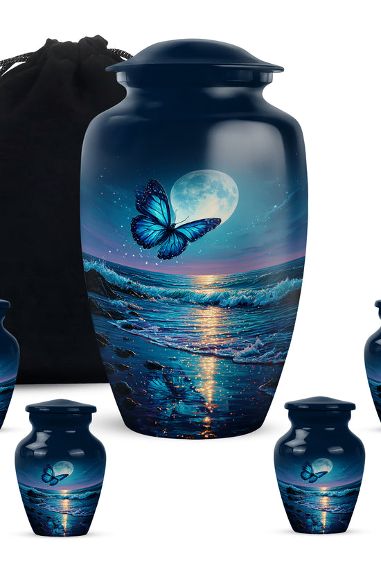 Sapphire Blue Butterfly Cremation Urn top-down view of secure threaded lid - elegant classic butterfly relief with fine detailing - memorial set with one large and four small urns