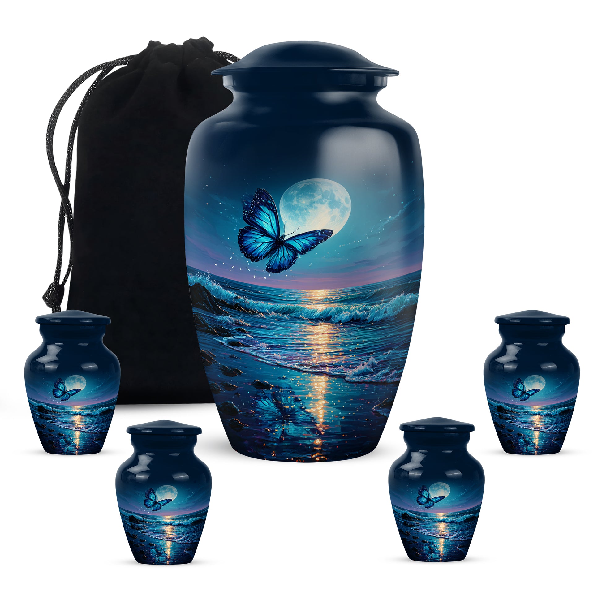 Sapphire Blue Butterfly Cremation Urn top-down view of secure threaded lid - elegant classic butterfly relief with fine detailing - memorial set with one large and four small urns
