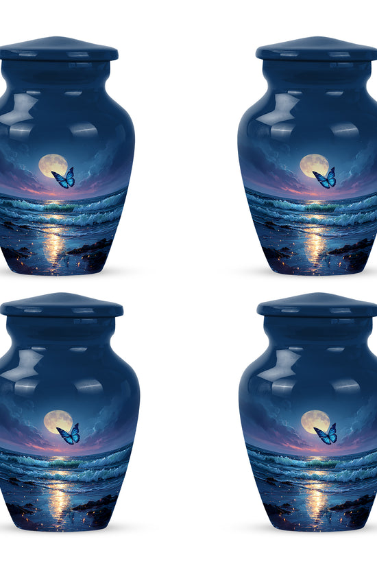 Dusty Blue Butterfly Cremation Urn side profile showing urn shape - timeless butterfly motif etched into premium metal - 10 inch aluminum urn for cremated remains