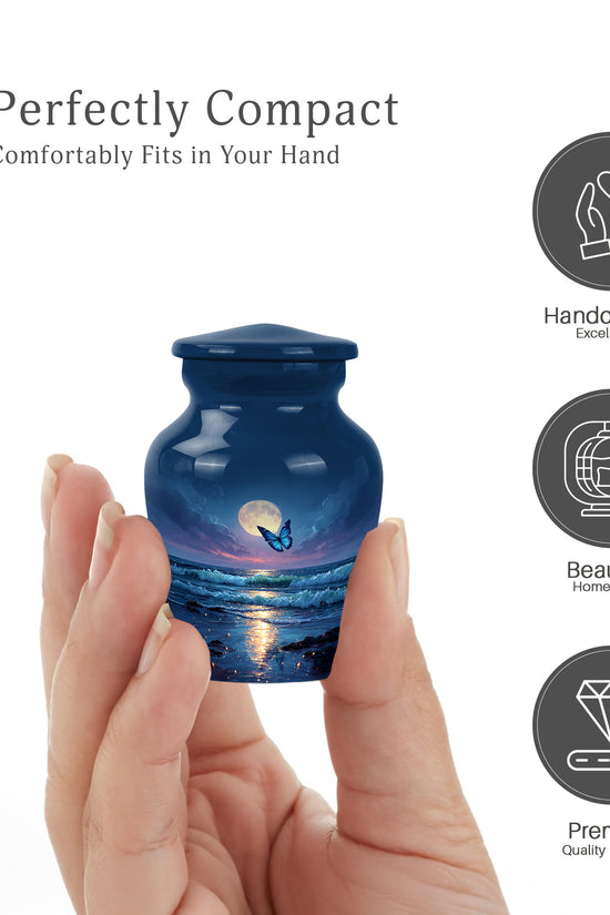 Bright Blue Butterfly Cremation Urn close-up of engraving and surface detail - traditional butterfly engraving with hand-polished finish - mini keepsake memorial for portion of cremation ashes