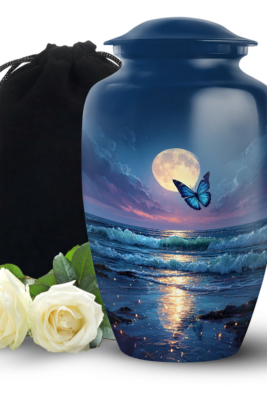 Cornflower Blue Butterfly Cremation Urn angled view of lid and engraved motif - elegant classic butterfly relief with fine detailing - full-size 10 inch 200 cubic inch adult cremation urn