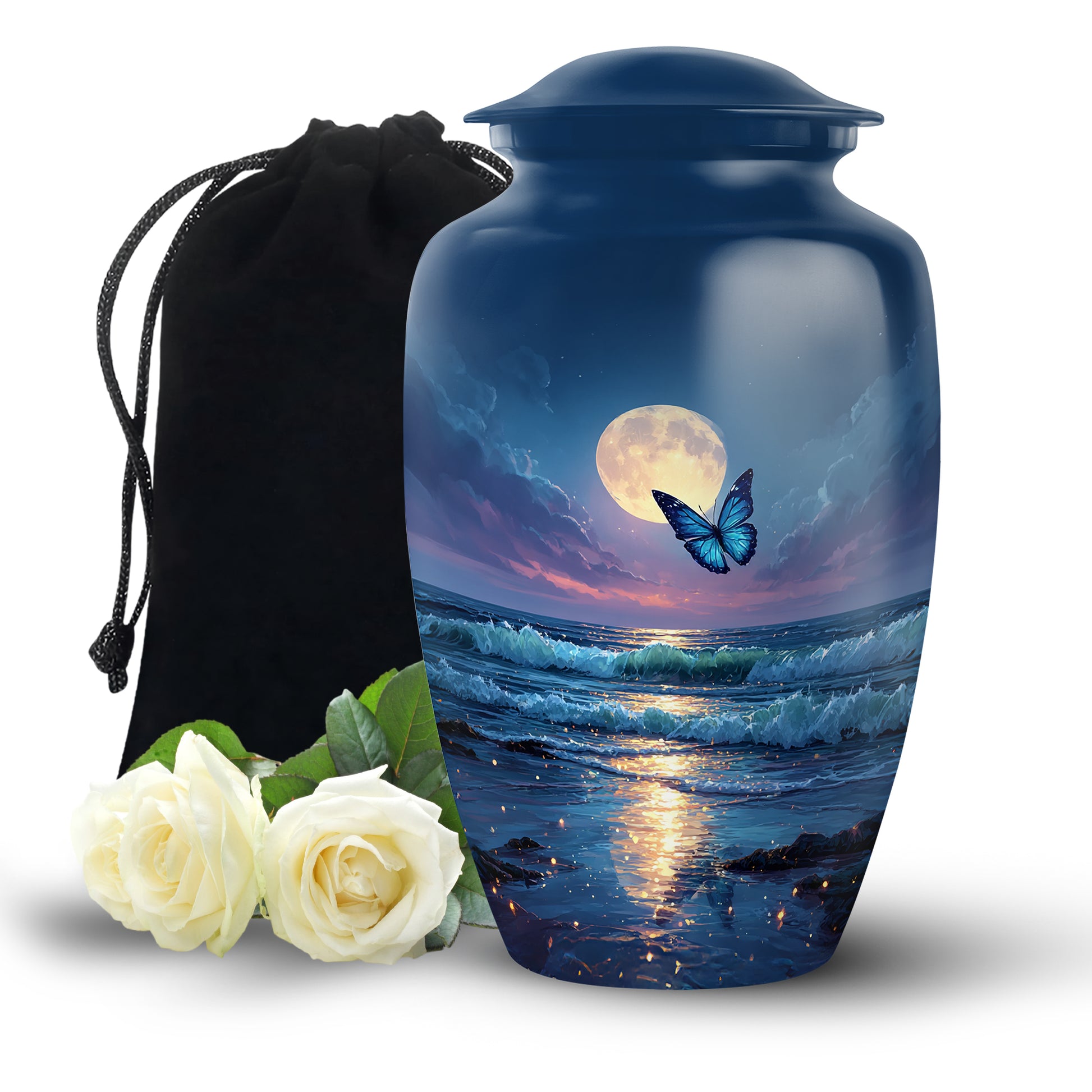 Cornflower Blue Butterfly Cremation Urn angled view of lid and engraved motif - elegant classic butterfly relief with fine detailing - full-size 10 inch 200 cubic inch adult cremation urn