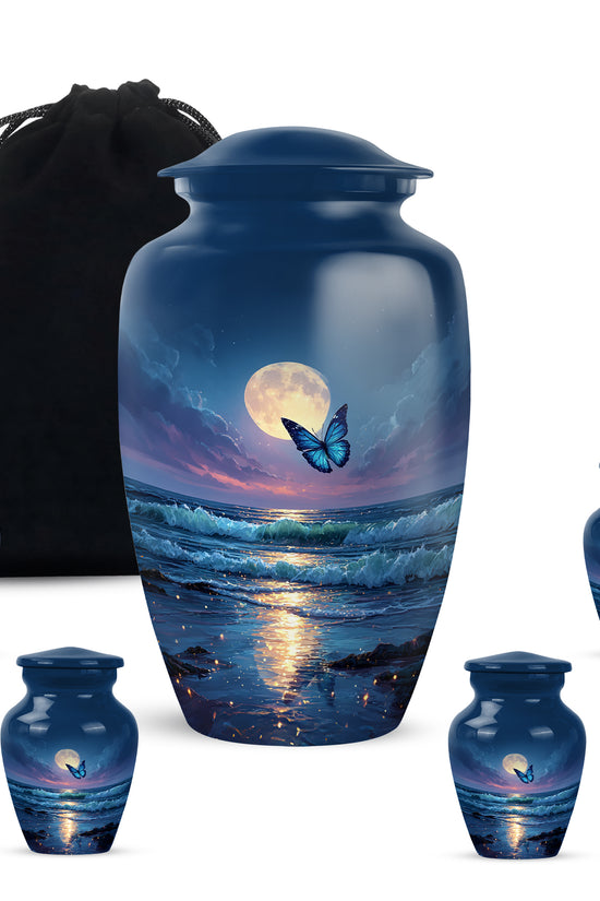 Indigo Butterfly Cremation Urn top-down view of secure threaded lid - timeless butterfly motif etched into premium metal - memorial set with one large and four small urns