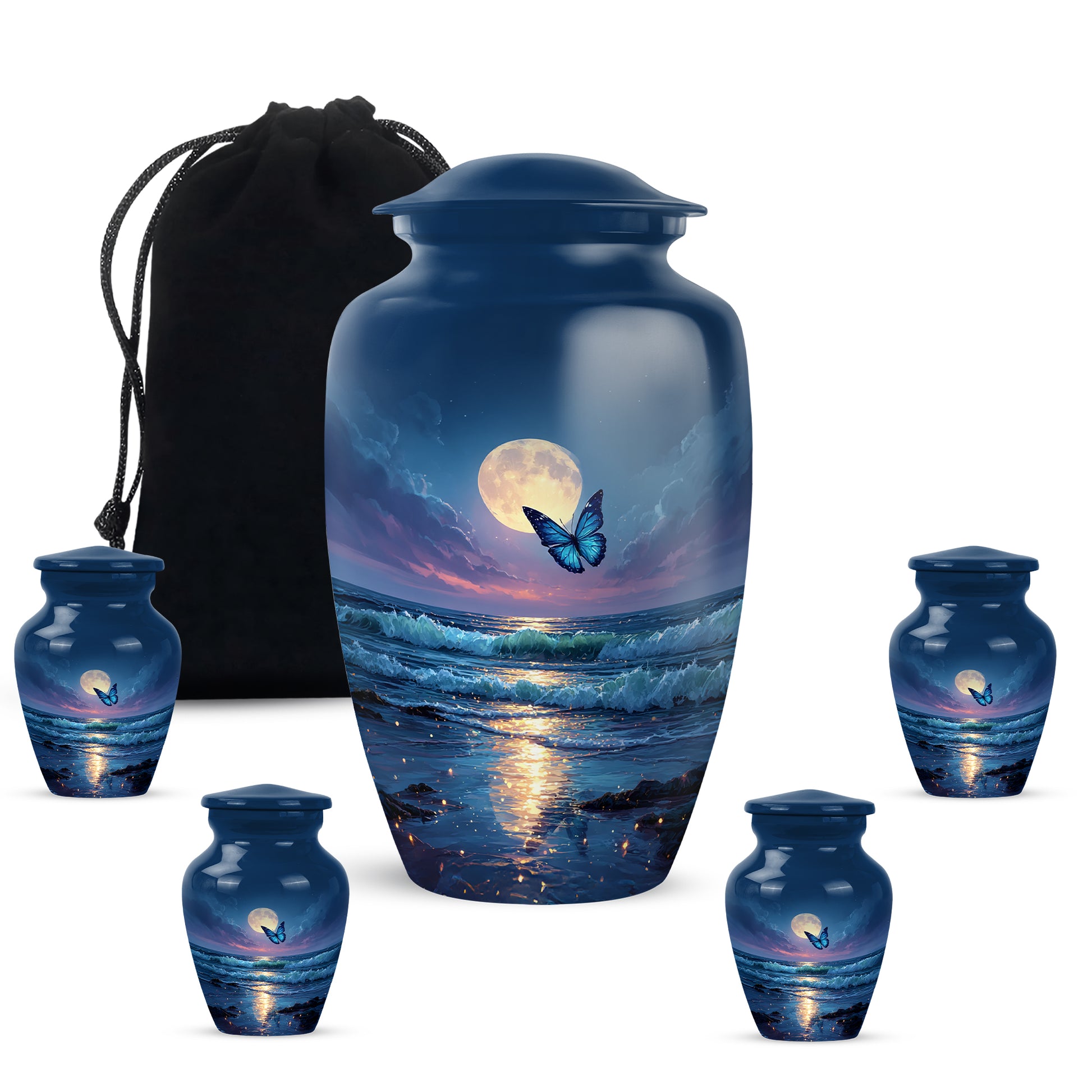 Indigo Butterfly Cremation Urn top-down view of secure threaded lid - timeless butterfly motif etched into premium metal - memorial set with one large and four small urns