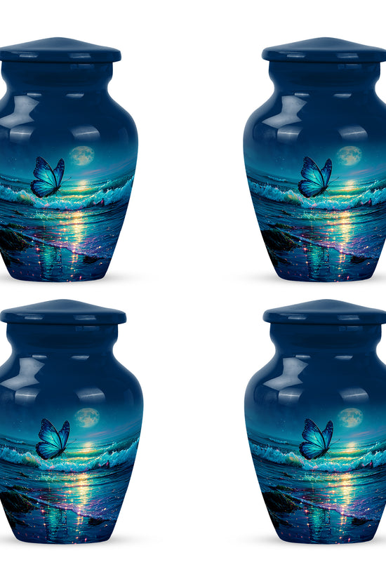 Cornflower Blue Butterfly Cremation Urn side profile showing urn shape - elegant classic butterfly relief with fine detailing - 10 inch aluminum urn for cremated remains