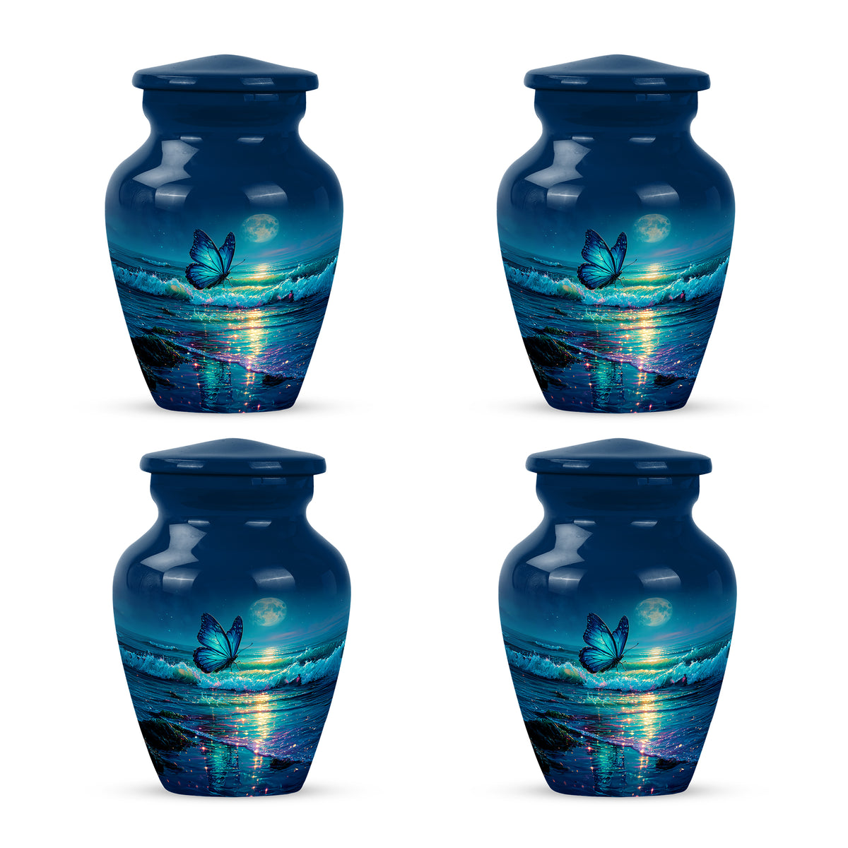 Cornflower Blue Butterfly Cremation Urn side profile showing urn shape - elegant classic butterfly relief with fine detailing - 10 inch aluminum urn for cremated remains