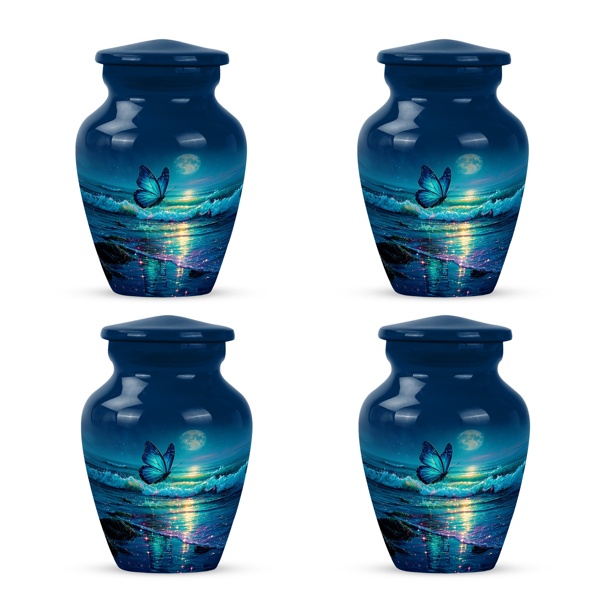 Cornflower Blue Butterfly Cremation Urn side profile showing urn shape - elegant classic butterfly relief with fine detailing - 10 inch aluminum urn for cremated remains