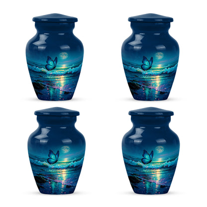 Cornflower Blue Butterfly Cremation Urn side profile showing urn shape - elegant classic butterfly relief with fine detailing - 10 inch aluminum urn for cremated remains