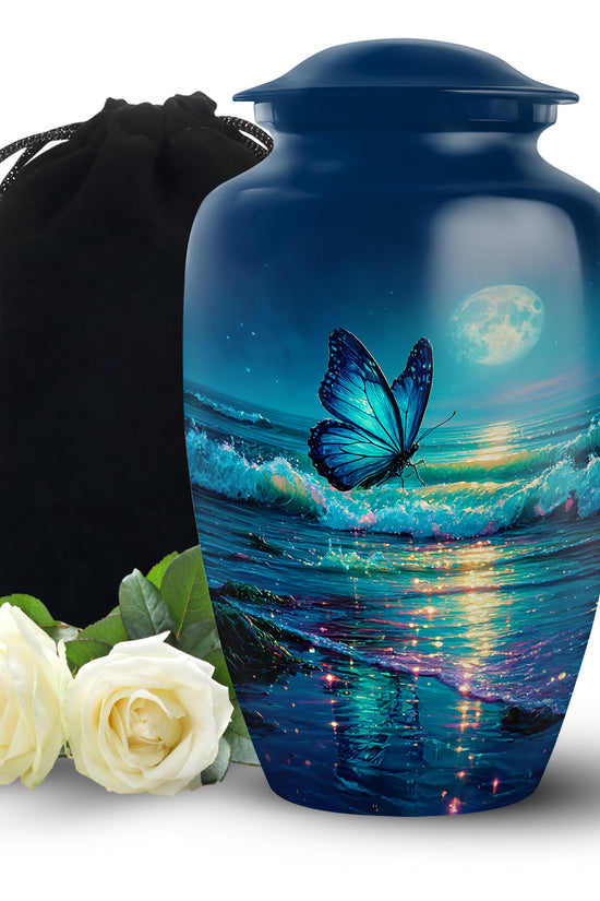 Cornflower Blue Butterfly Cremation Urn angled view of lid and engraved motif - elegant classic butterfly relief with fine detailing - full-size 10 inch 200 cubic inch adult cremation urn