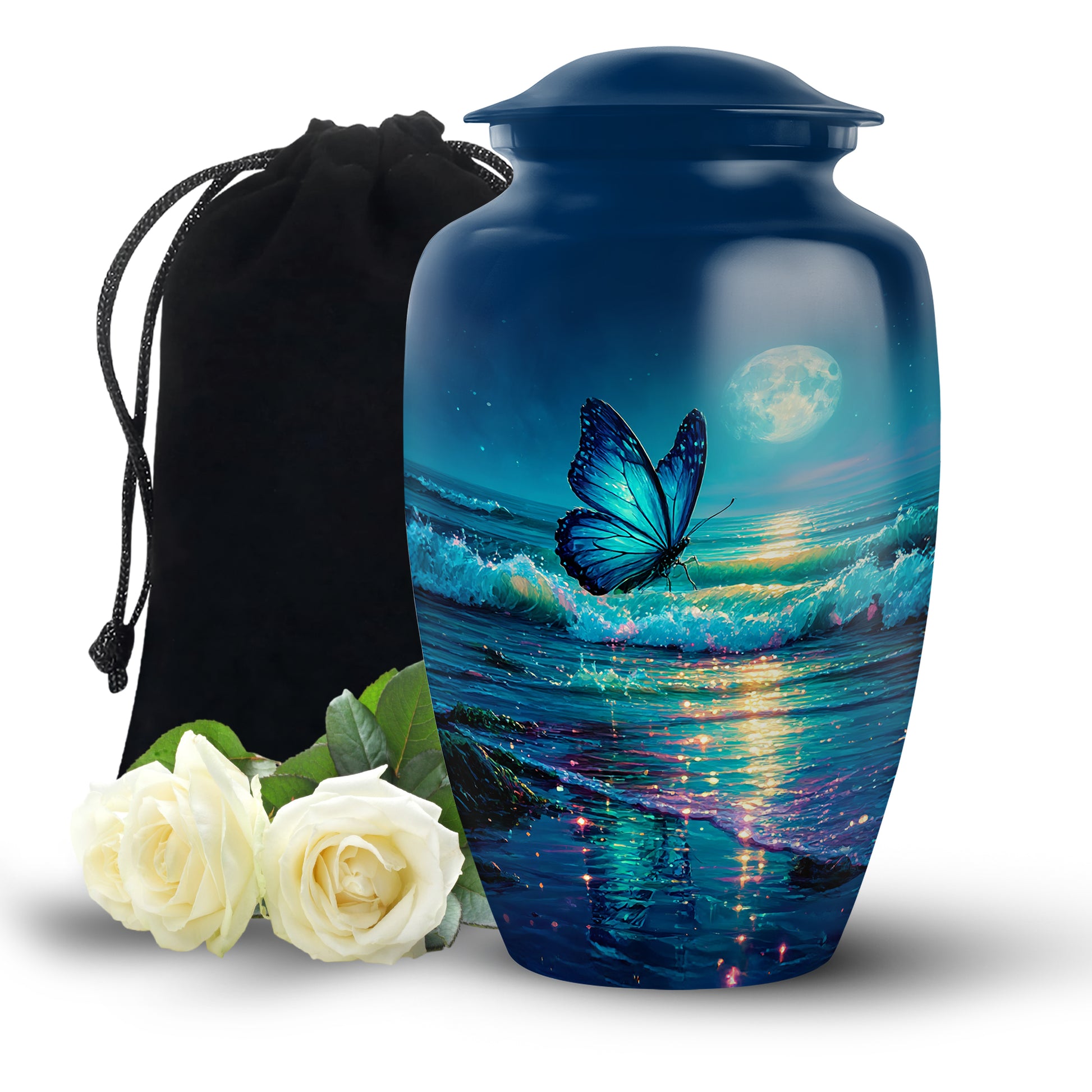 Cornflower Blue Butterfly Cremation Urn angled view of lid and engraved motif - elegant classic butterfly relief with fine detailing - full-size 10 inch 200 cubic inch adult cremation urn
