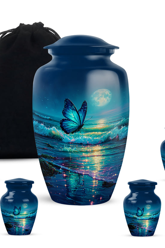 Dusty Blue Butterfly Cremation Urn top-down view of secure threaded lid - classic sculpted butterfly pattern on smooth aluminum - memorial set with one large and four small urns
