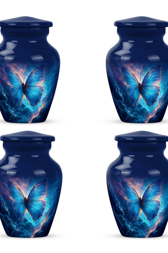 Bright Blue Butterfly Cremation Urn side profile showing urn shape - elegant classic butterfly relief with fine detailing - 10 inch aluminum urn for cremated remains
