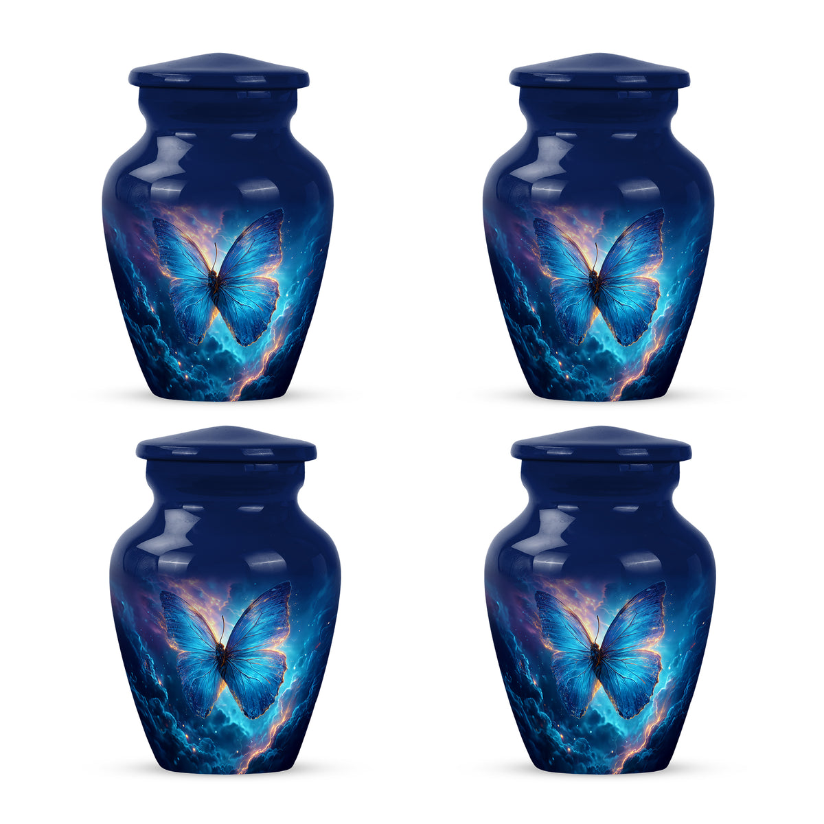 Bright Blue Butterfly Cremation Urn side profile showing urn shape - elegant classic butterfly relief with fine detailing - 10 inch aluminum urn for cremated remains