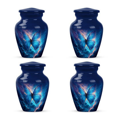 Bright Blue Butterfly Cremation Urn side profile showing urn shape - elegant classic butterfly relief with fine detailing - 10 inch aluminum urn for cremated remains