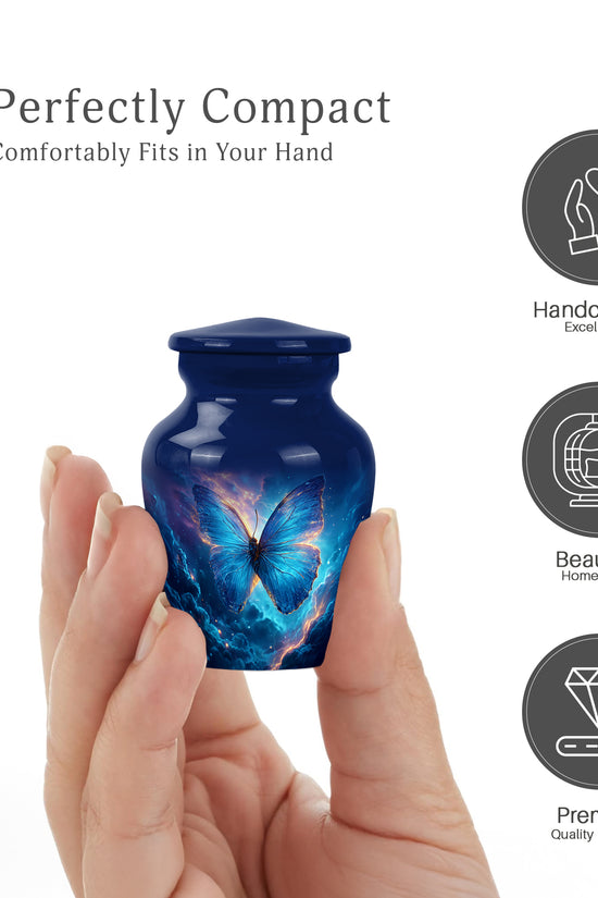 Cobalt Blue Butterfly Cremation Urn close-up of engraving and surface detail - traditional butterfly engraving with hand-polished finish - mini keepsake memorial for portion of cremation ashes