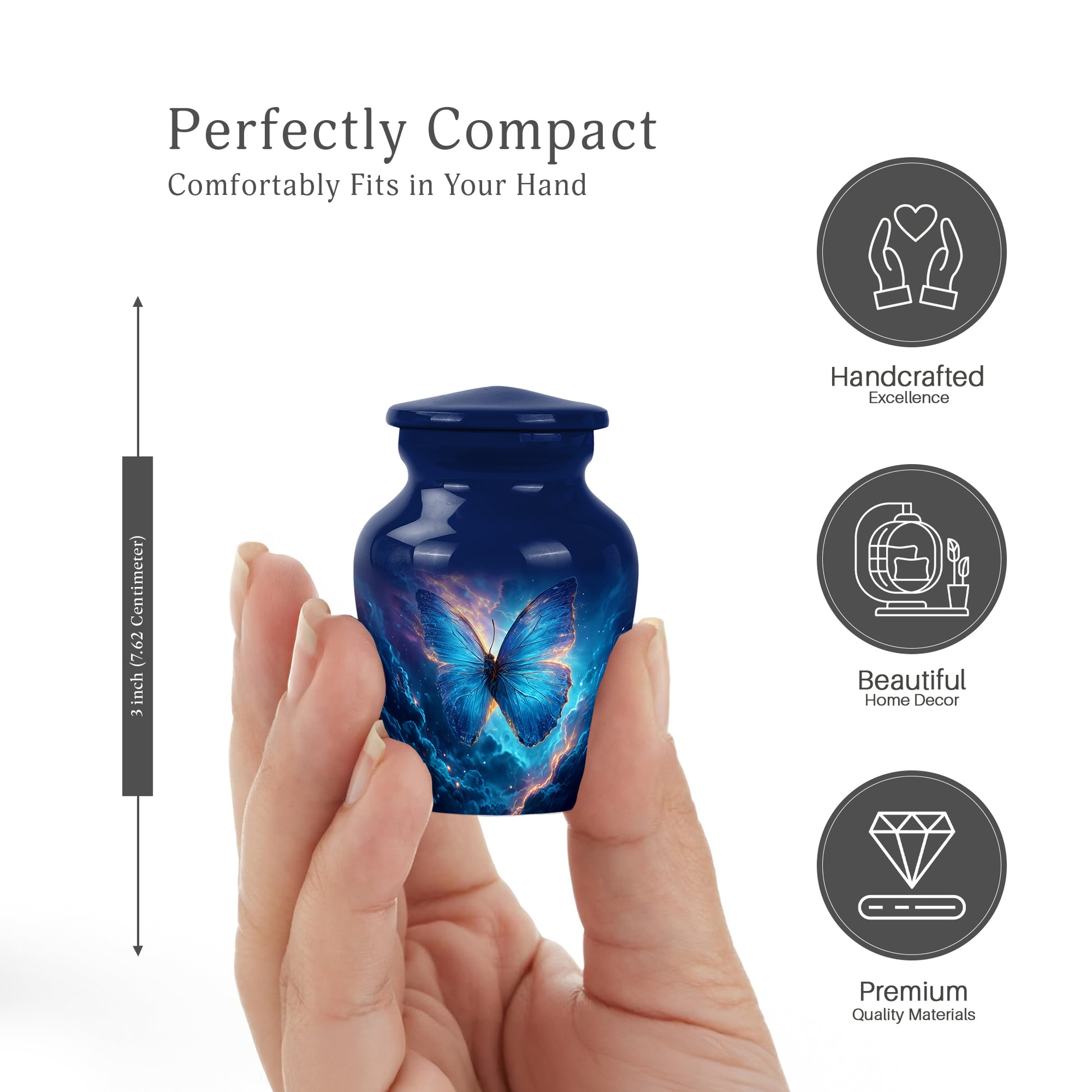 Cobalt Blue Butterfly Cremation Urn close-up of engraving and surface detail - traditional butterfly engraving with hand-polished finish - mini keepsake memorial for portion of cremation ashes