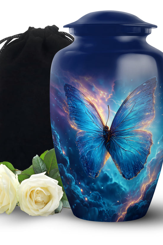 Azure Butterfly Cremation Urn angled view of lid and engraved motif - classic sculpted butterfly pattern on smooth aluminum - full-size 10 inch 200 cubic inch adult cremation urn
