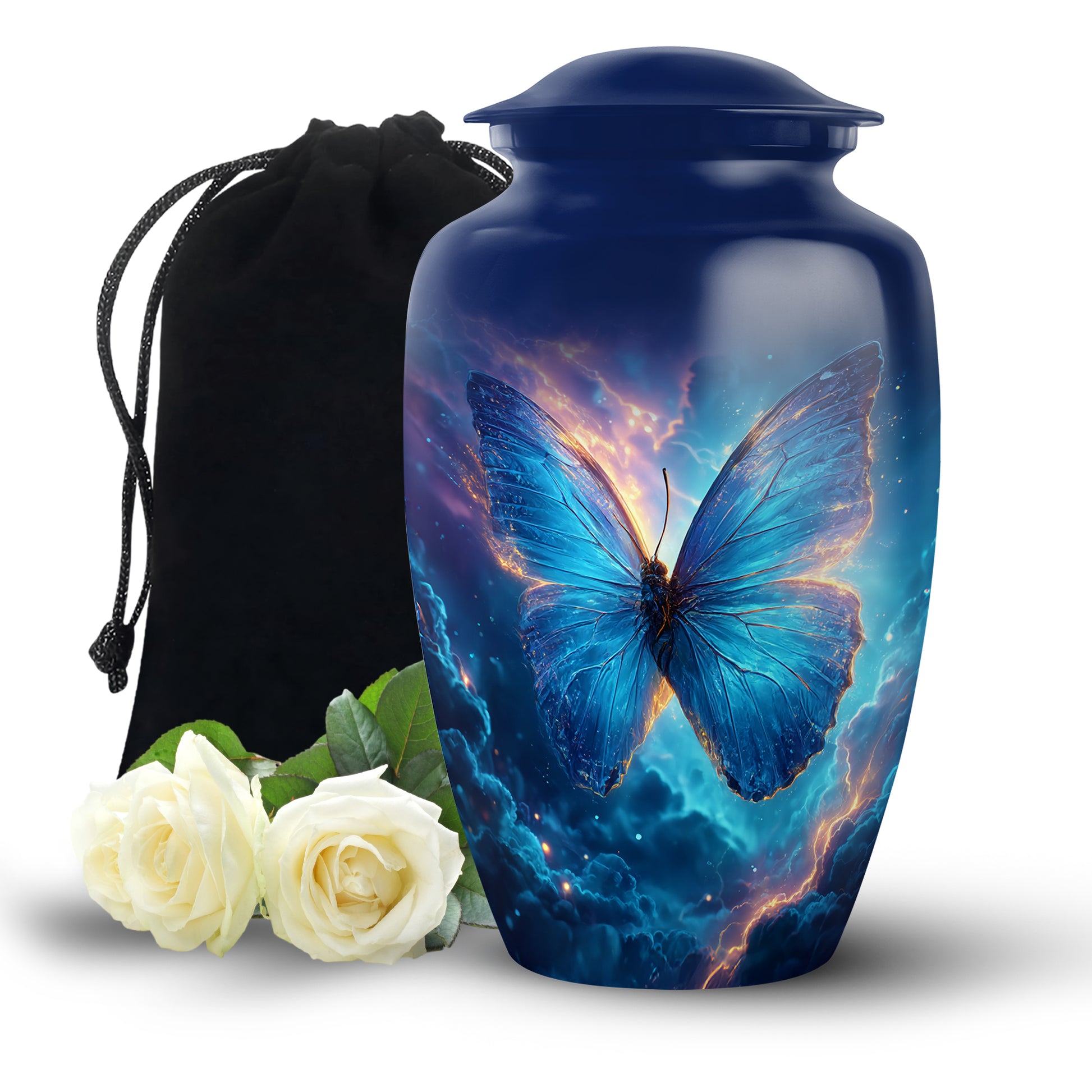 Azure Butterfly Cremation Urn angled view of lid and engraved motif - classic sculpted butterfly pattern on smooth aluminum - full-size 10 inch 200 cubic inch adult cremation urn