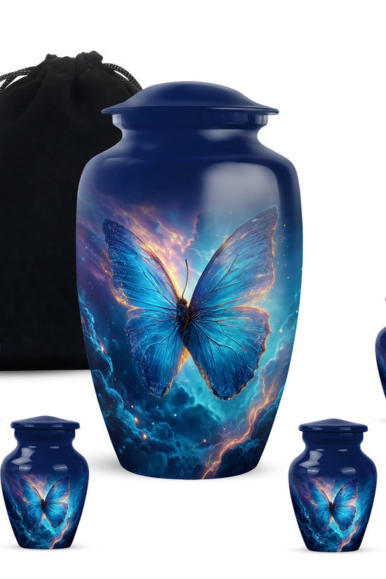 Bright Blue Butterfly Cremation Urn top-down view of secure threaded lid - traditional butterfly engraving with hand-polished finish - memorial set with one large and four small urns