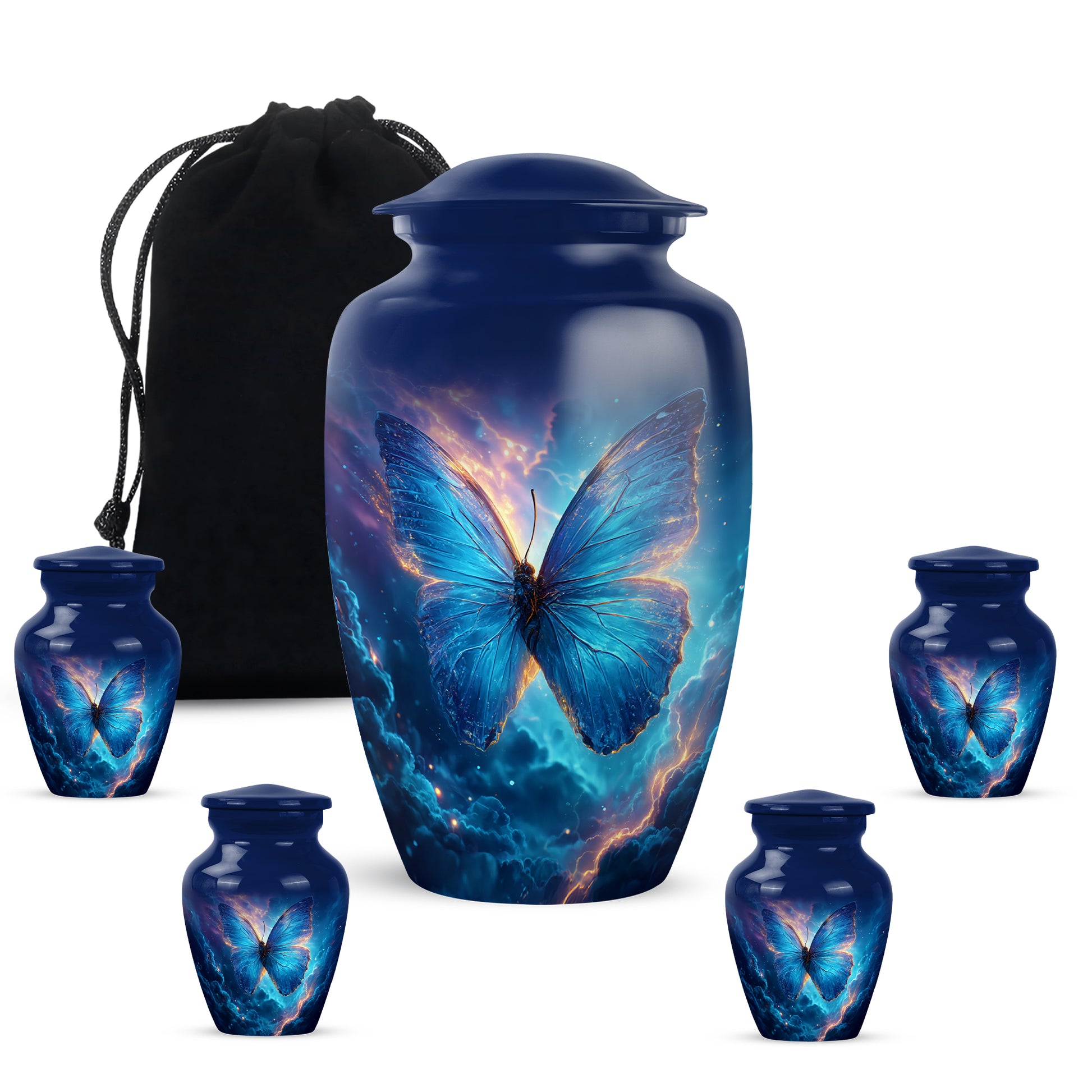 Bright Blue Butterfly Cremation Urn top-down view of secure threaded lid - traditional butterfly engraving with hand-polished finish - memorial set with one large and four small urns