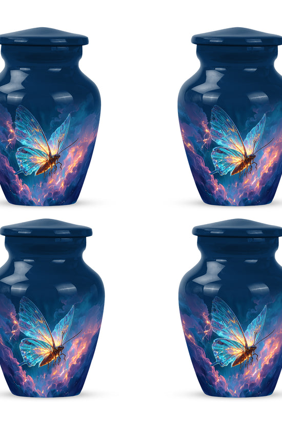 Slate Blue Butterfly Cremation Urn side profile showing urn shape - classic sculpted butterfly pattern on smooth aluminum - 10 inch aluminum urn for cremated remains