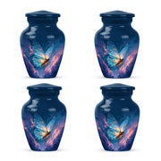 Slate Blue Butterfly Cremation Urn side profile showing urn shape - classic sculpted butterfly pattern on smooth aluminum - 10 inch aluminum urn for cremated remains