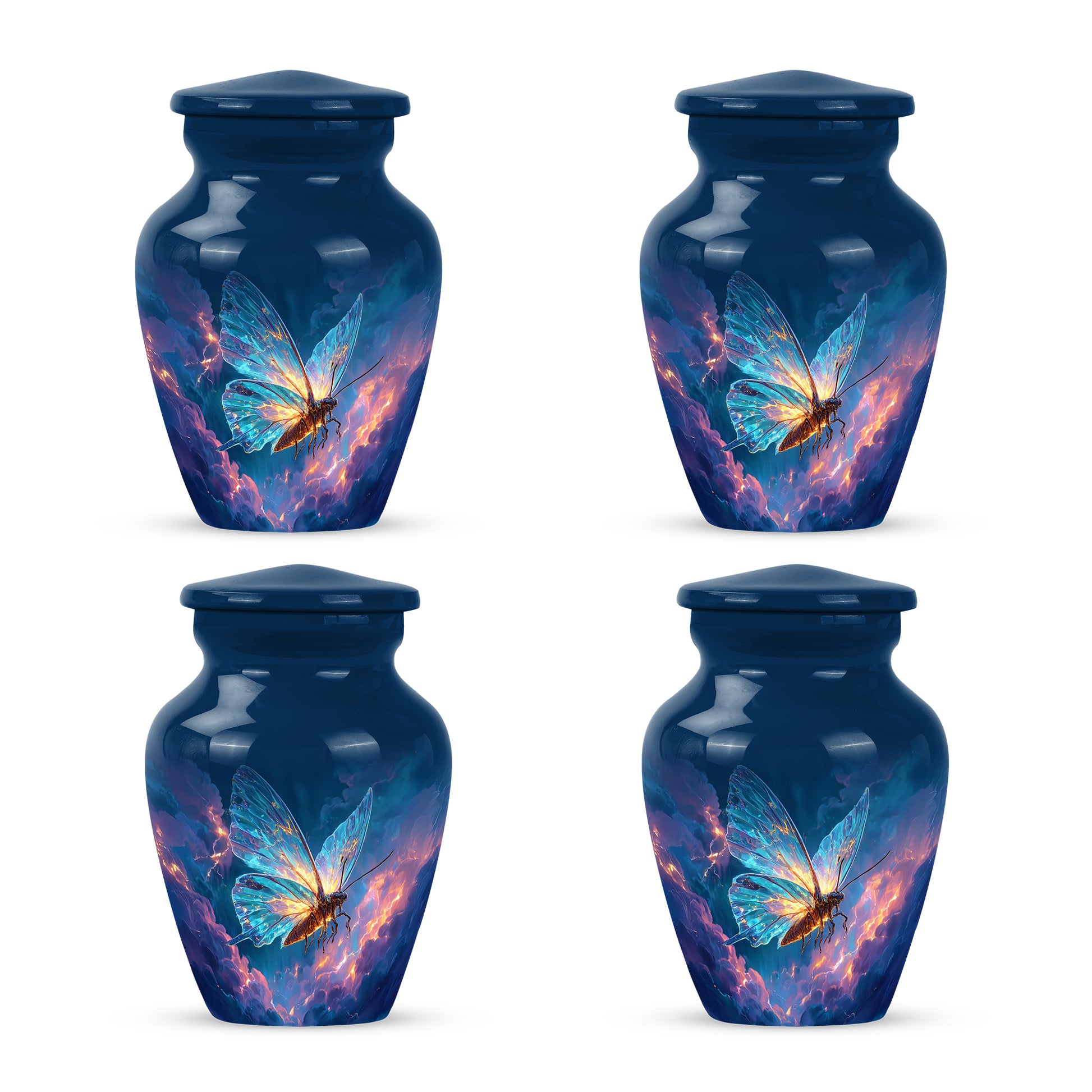 Slate Blue Butterfly Cremation Urn side profile showing urn shape - classic sculpted butterfly pattern on smooth aluminum - 10 inch aluminum urn for cremated remains