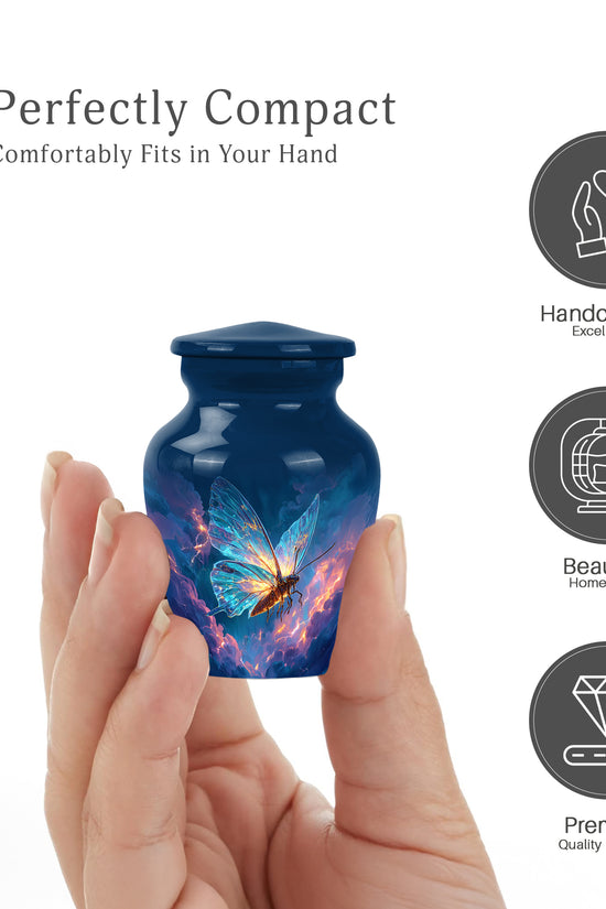 Soft Blue Butterfly Cremation Urn close-up of engraving and surface detail - elegant classic butterfly relief with fine detailing - mini keepsake memorial for portion of cremation ashes