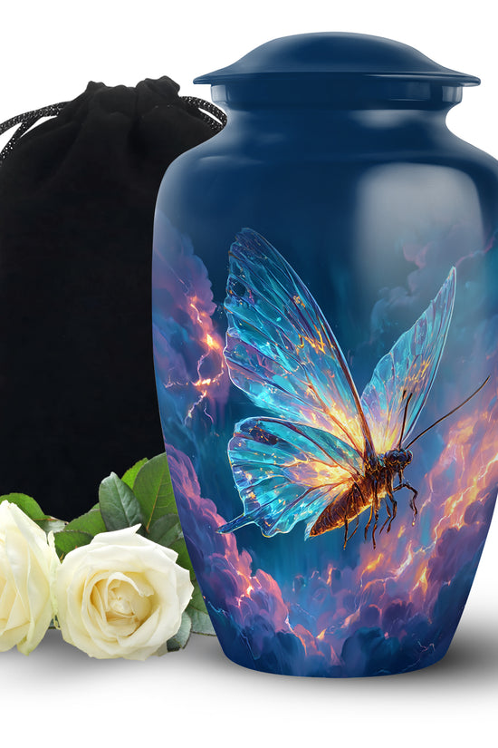 Bright Blue Butterfly Cremation Urn angled view of lid and engraved motif - traditional butterfly engraving with hand-polished finish - full-size 10 inch 200 cubic inch adult cremation urn