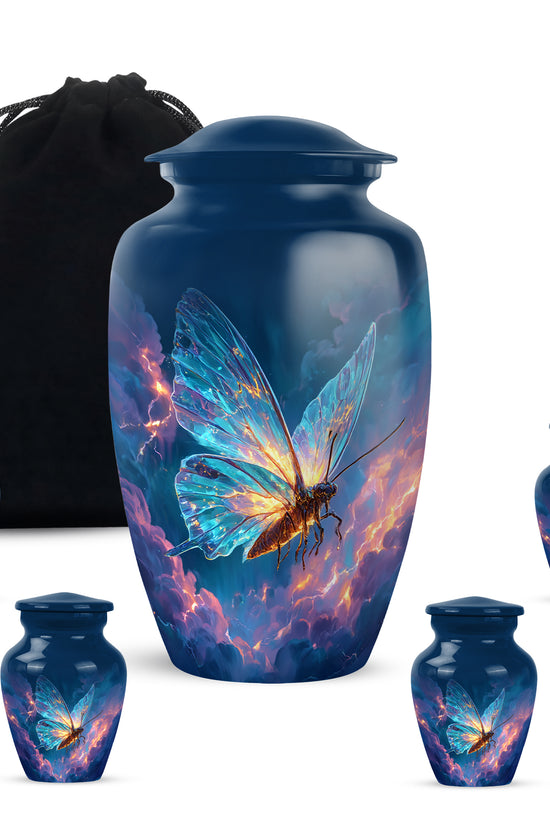Royal Blue Butterfly Cremation Urn top-down view of secure threaded lid - traditional butterfly engraving with hand-polished finish - memorial set with one large and four small urns