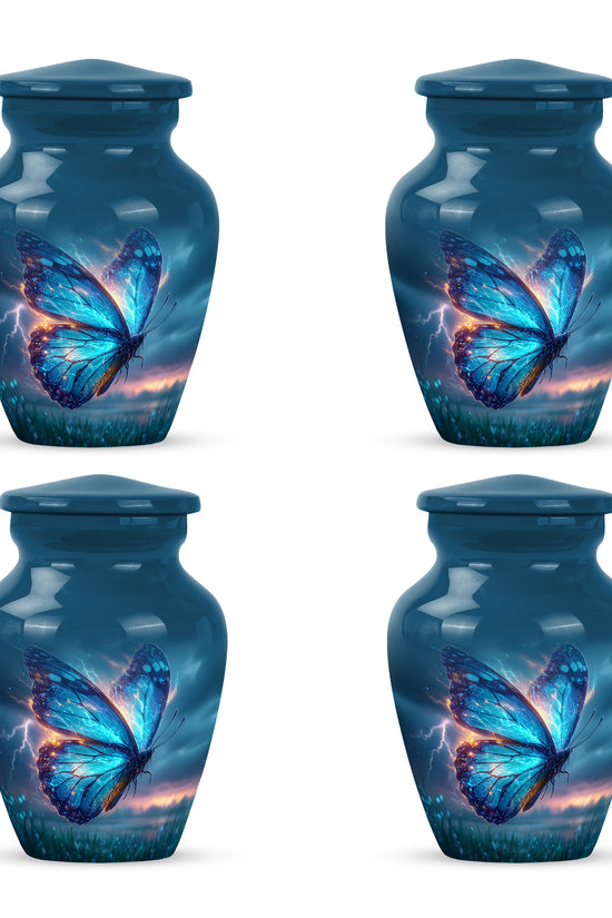 Soft Blue Butterfly Cremation Urn side profile showing urn shape - traditional butterfly engraving with hand-polished finish - 10 inch aluminum urn for cremated remains
