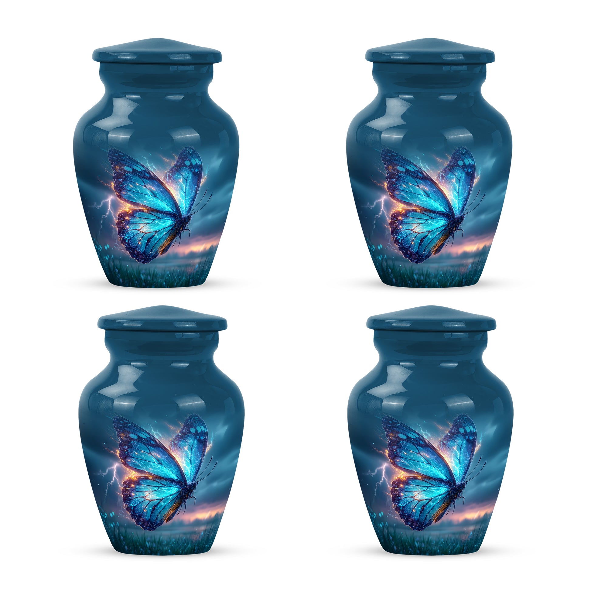 Soft Blue Butterfly Cremation Urn side profile showing urn shape - traditional butterfly engraving with hand-polished finish - 10 inch aluminum urn for cremated remains