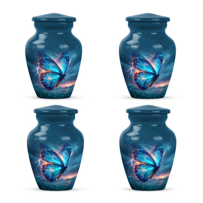 Soft Blue Butterfly Cremation Urn side profile showing urn shape - traditional butterfly engraving with hand-polished finish - 10 inch aluminum urn for cremated remains
