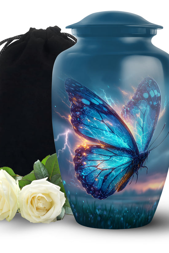 Dusty Blue Butterfly Cremation Urn angled view of lid and engraved motif - timeless butterfly motif etched into premium metal - full-size 10 inch 200 cubic inch adult cremation urn