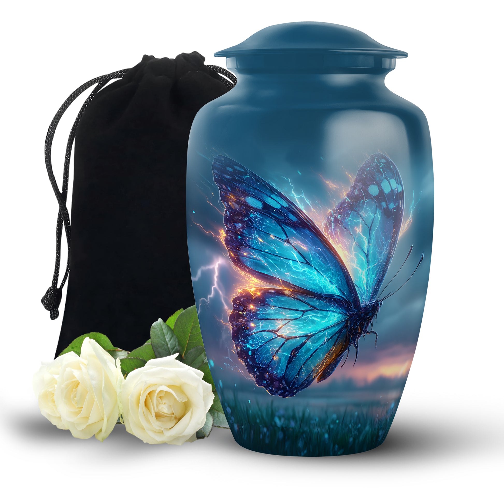 Dusty Blue Butterfly Cremation Urn angled view of lid and engraved motif - timeless butterfly motif etched into premium metal - full-size 10 inch 200 cubic inch adult cremation urn