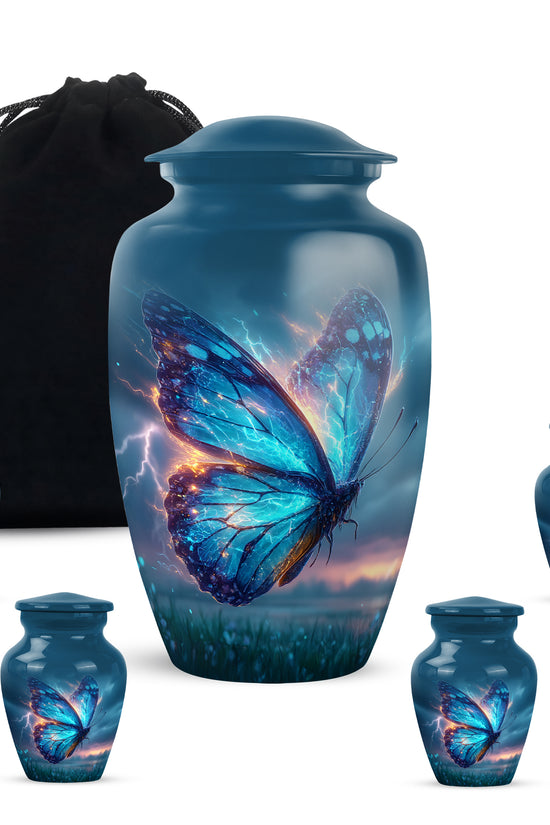 Indigo Butterfly Cremation Urn top-down view of secure threaded lid - timeless butterfly motif etched into premium metal - memorial set with one large and four small urns