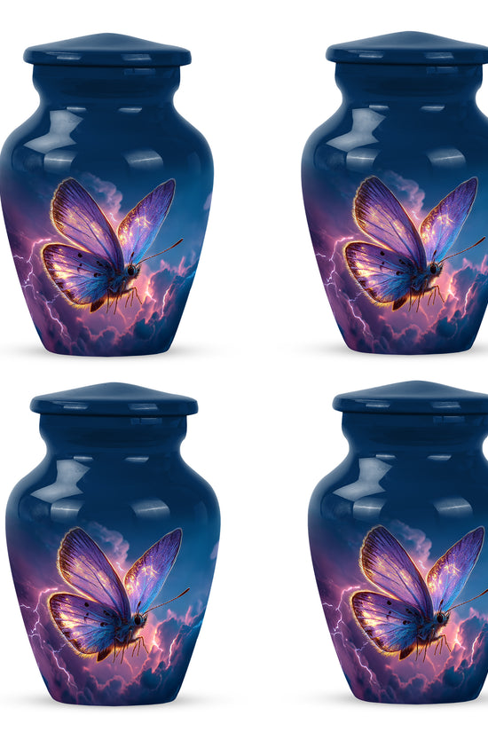 Azure Butterfly Cremation Urn side profile showing urn shape - timeless butterfly motif etched into premium metal - 10 inch aluminum urn for cremated remains