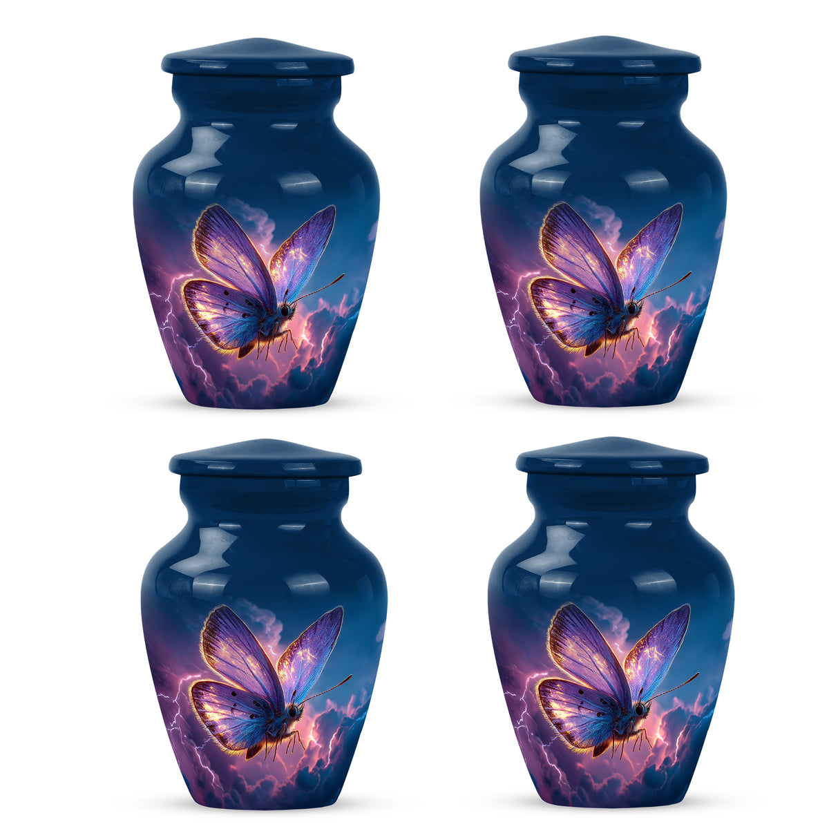 Azure Butterfly Cremation Urn side profile showing urn shape - timeless butterfly motif etched into premium metal - 10 inch aluminum urn for cremated remains