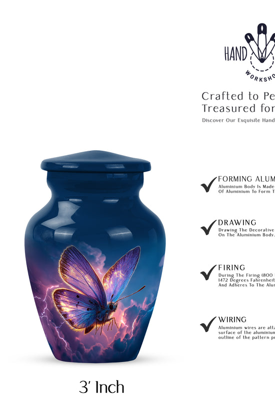Icy Blue Butterfly Cremation Urn close-up of engraving and surface detail - timeless butterfly motif etched into premium metal - mini keepsake memorial for portion of cremation ashes