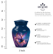 Icy Blue Butterfly Cremation Urn close-up of engraving and surface detail - timeless butterfly motif etched into premium metal - mini keepsake memorial for portion of cremation ashes