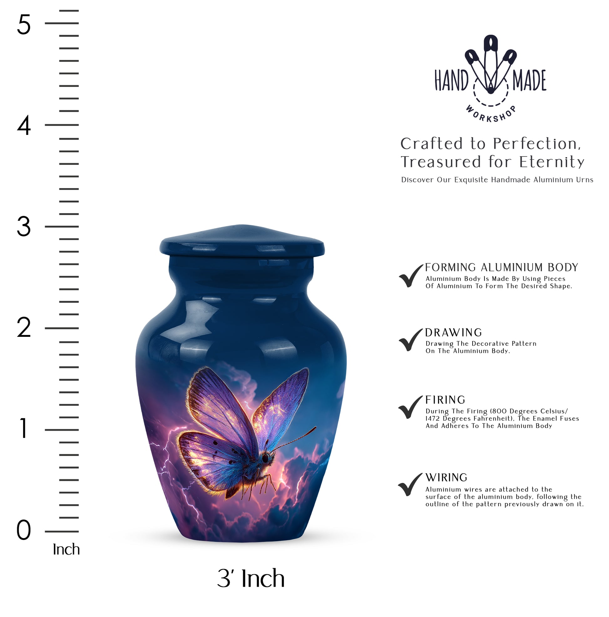 Icy Blue Butterfly Cremation Urn close-up of engraving and surface detail - timeless butterfly motif etched into premium metal - mini keepsake memorial for portion of cremation ashes