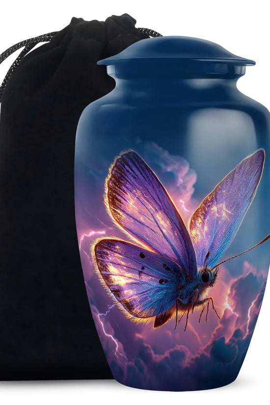 Bright Blue Butterfly Cremation Urn angled view of lid and engraved motif - elegant classic butterfly relief with fine detailing - full-size 10 inch 200 cubic inch adult cremation urn