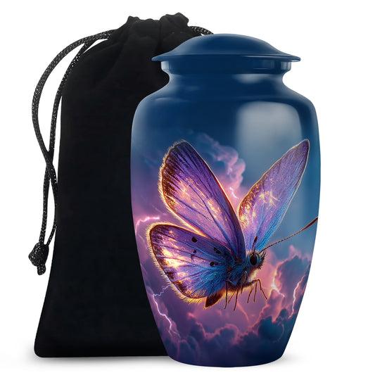 Bright Blue Butterfly Cremation Urn angled view of lid and engraved motif - elegant classic butterfly relief with fine detailing - full-size 10 inch 200 cubic inch adult cremation urn