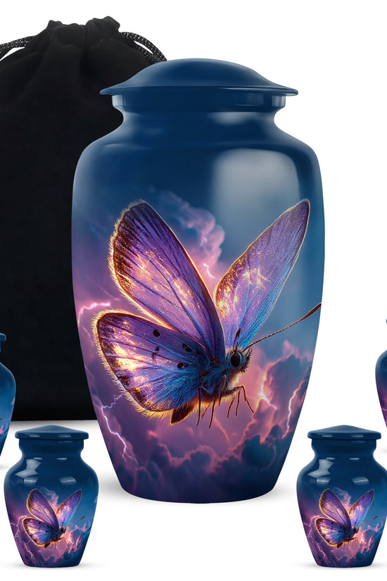 Sky Blue Butterfly Cremation Urn top-down view of secure threaded lid - classic sculpted butterfly pattern on smooth aluminum - memorial set with one large and four small urns