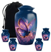 Sky Blue Butterfly Cremation Urn top-down view of secure threaded lid - classic sculpted butterfly pattern on smooth aluminum - memorial set with one large and four small urns